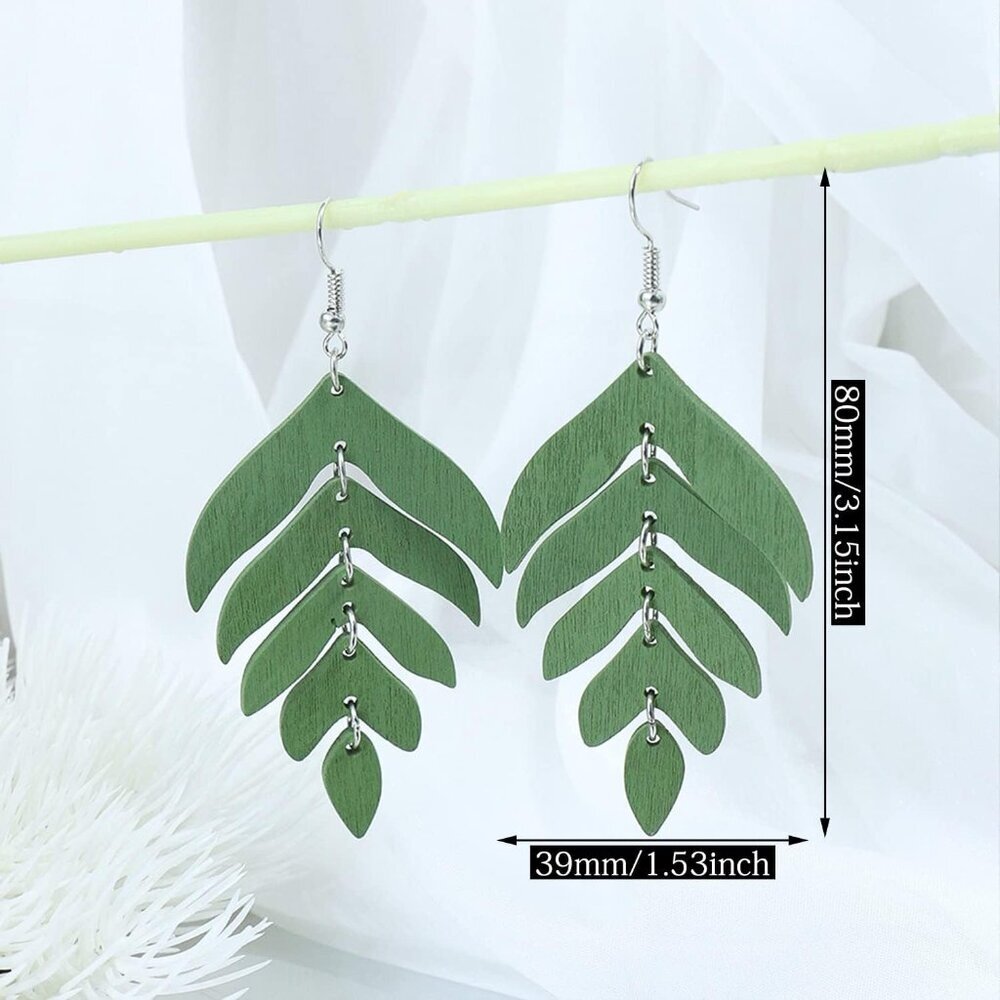 Handmade Lightweight Wooden Leaf Drop Dangle Earrings Bohemian Nature Wood Chain - Picture 2 of 6